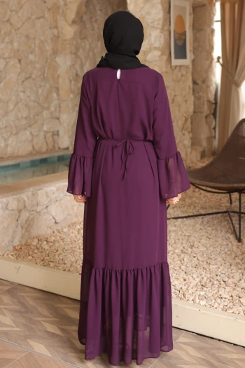 Mor Bel Bağlamalı Eteği Katlı Şifon Elbise