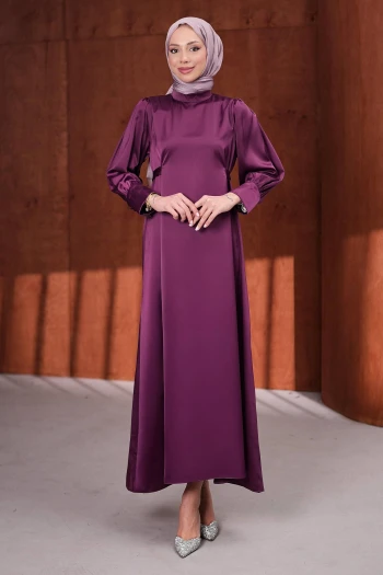 Mor Kol Düğmeli Beli Kuşaklı Saten Abiye