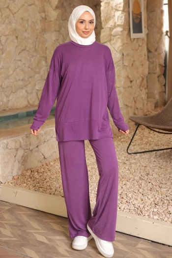Mor Manşetli Tunik Pantolonlu Modal Takım