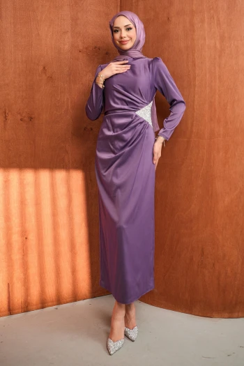 Mor Taş Detaylı Saten Abiye