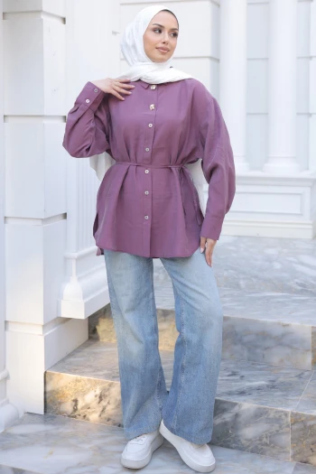 Mürdüm Bel Bağlamalı Düğmeli Tunik