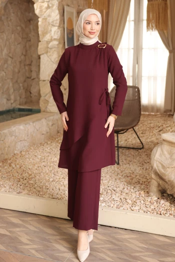 Mürdüm Bel Bağlamalı Tunik Pantolonlu Takım