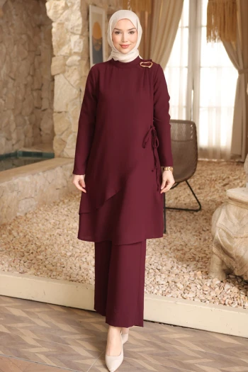 Mürdüm Bel Bağlamalı Tunik Pantolonlu Takım
