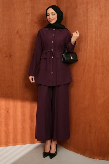 Mürdüm Bel İp Büzgülü Tunik Pantolonlu Takım