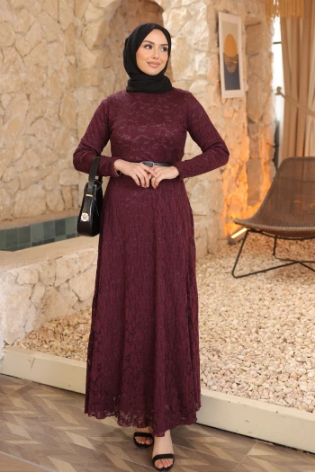Mürdüm Bel Kemerli Dantelli Tül Elbise