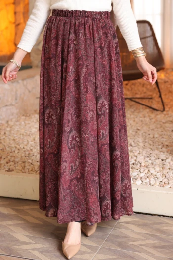 Mürdüm Bel Lastikli Astarlı Şifon Etek