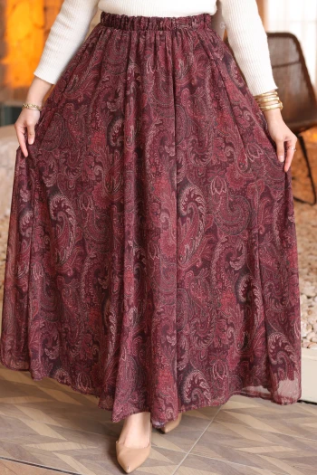 Mürdüm Bel Lastikli Astarlı Şifon Etek