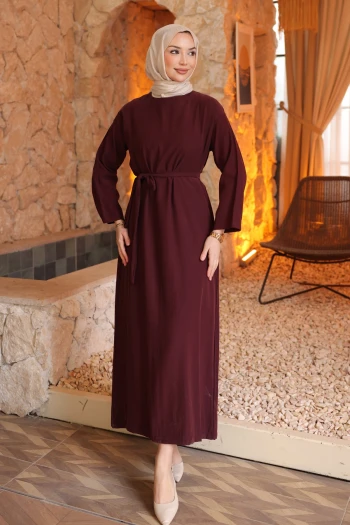 Mürdüm Beli Kuşaklı Rayon Tencel Elbise