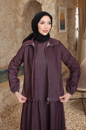 Mürdüm Bisiklet Yaka Elbise Ceketli Takım