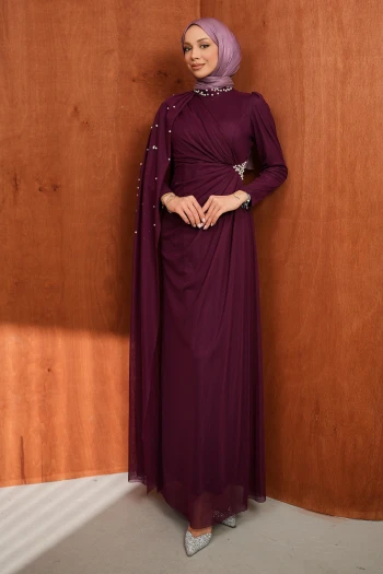 Mürdüm Drapeli İnci Detaylı  Abiye