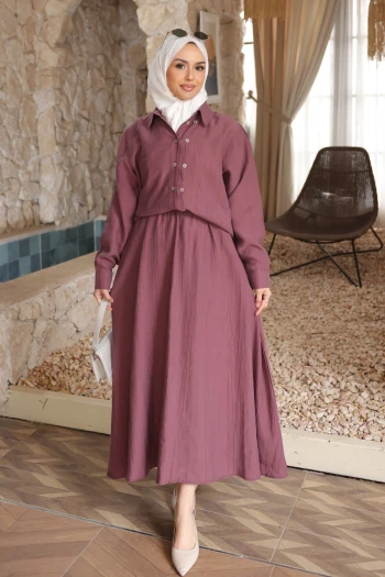 Mürdüm Düğmeli Gömlek Etekli Takım