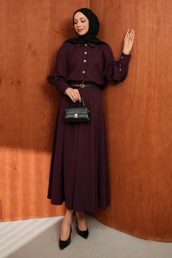 Mürdüm Düğmeli Kemerli Gömlek Etekli Takım