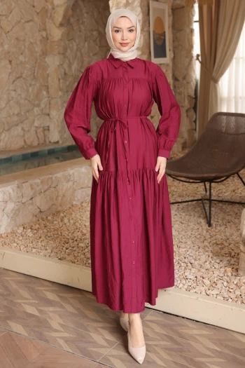 Mürdüm Eteği Katli Düğmeli Elbise