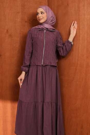 Mürdüm Fermuarlı Ceket Eteği Katlı Jile Takım