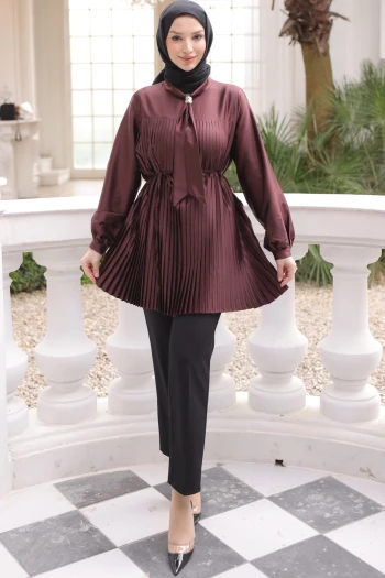 Mürdüm Fular Yakalı Piliseli Saten Tunik