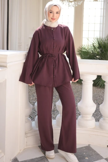 Mürdüm Geniş Kol Bel Bağlamalı Tunik Pantolonlu Takım