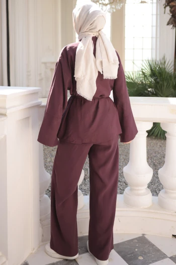 Mürdüm Geniş Kol Bel Bağlamalı Tunik Pantolonlu Takım