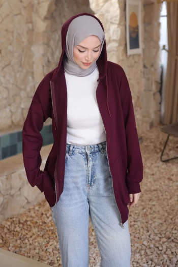 Mürdüm Kanguru Cepli Üç İplik Sweatshirt