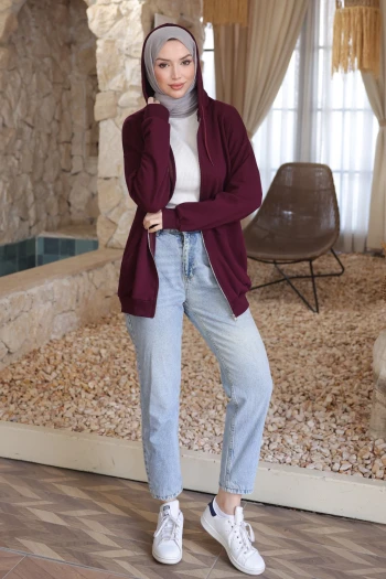 Mürdüm Kanguru Cepli Üç İplik Sweatshirt