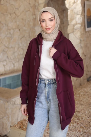 Mürdüm Kapşonlu Fermuarlı Üç İplik Cepli Hırka