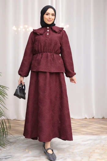 Mürdüm Kendinden Desenli Gömlek Etekli Takım