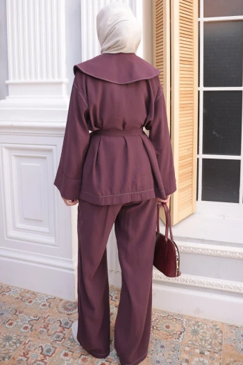 Mürdüm Kolu Katlı Mendil Yaka Tunik Pantolonlu Takım