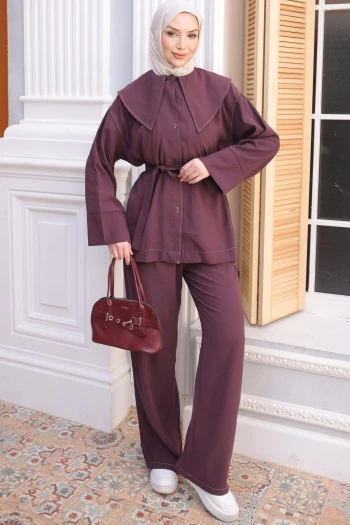 Mürdüm Kolu Katlı Mendil Yaka Tunik Pantolonlu Takım