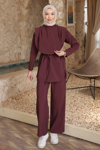 Mürdüm Omuz Düğmeli Bel Kuşaklı Pantolonlu Takım