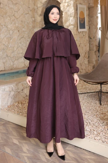 Mürdüm Pelerin Detaylı  Kol Lastikli Elbise