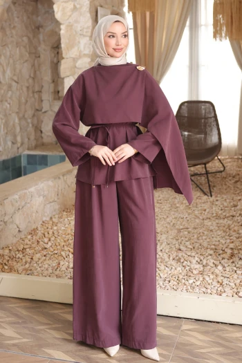 Mürdüm Pelerinli Tunik Pantolonlu Modal Takım