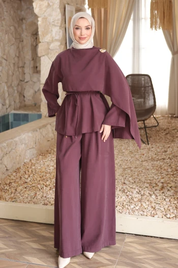 Mürdüm Pelerinli Tunik Pantolonlu Modal Takım