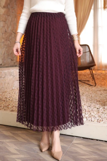 Mürdüm Piliseli Flok Baskılı Astarlı Tül Etek