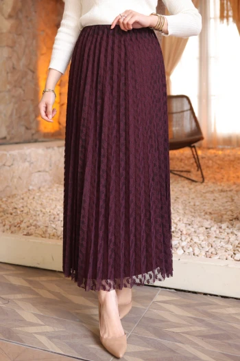 Mürdüm Piliseli Flok Baskılı Astarlı Tül Etek