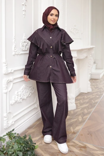 Mürdüm Volanlı Tunik Pantolonlu Kot Takım