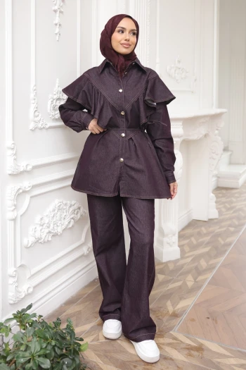 Mürdüm Volanlı Tunik Pantolonlu Kot Takım