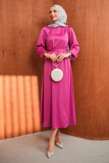 Pembe Hakim Yaka Balon Kol Saten Abiye Elbise