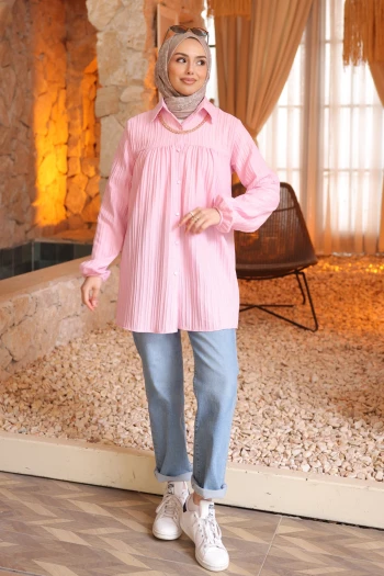 Pembe Kol Lastikli Çizgili Gömlek Tunik