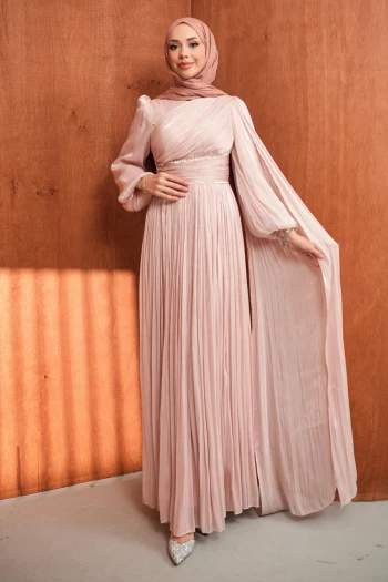 Pudra Bel Büzgülü Taşlı Abiye