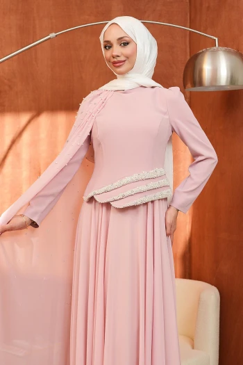 Pudra İnci İşlemeli Pelerinli Abiye