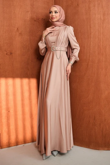 Pudra Pile Detaylı Mevlana Model Tesettür Saten Abiye