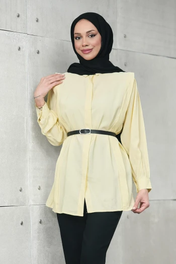 Sarı Gizli Patlı Belden Kemerli Modal Dokuma Tunik