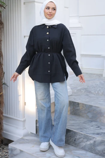 Siyah Bel Bağlamalı Düğmeli Tunik