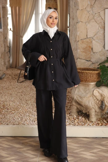 Siyah Bel Bağlamalı Tunik Pantolonlu Tansel Takım