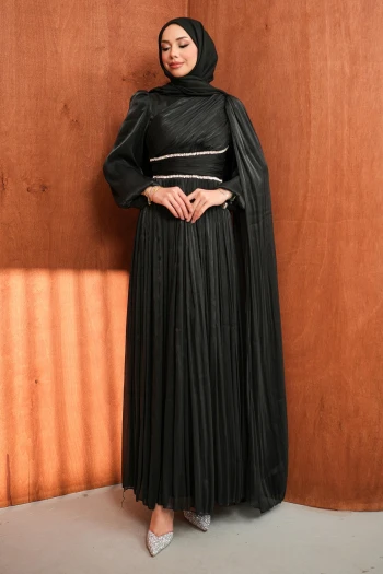 Siyah Bel Büzgülü Taşlı Abiye