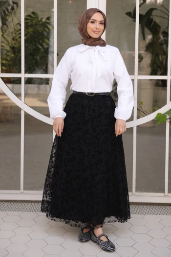 Siyah Bel Kemerli Astarlı Flok Tül Etek