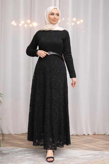 Siyah Bel Kemerli Dantelli Tül Elbise
