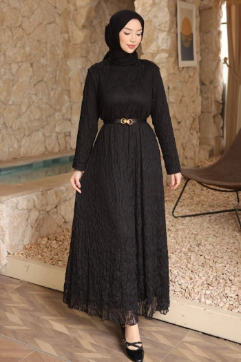 Siyah Bel Kemerli Desenli Tül Elbise