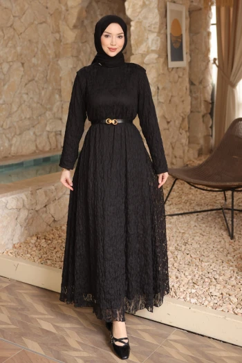 Siyah Bel Kemerli Desenli Tül Elbise