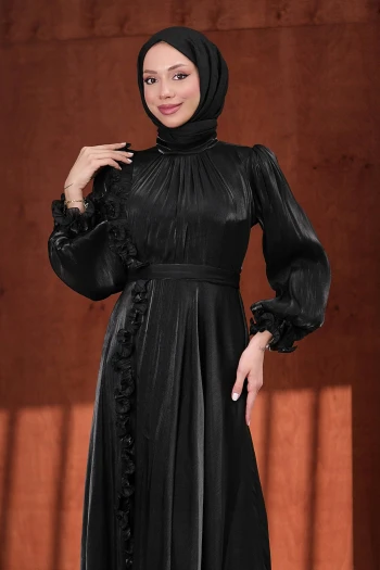 Siyah Bel Kemerli Fırfırlı Janjan Abiye