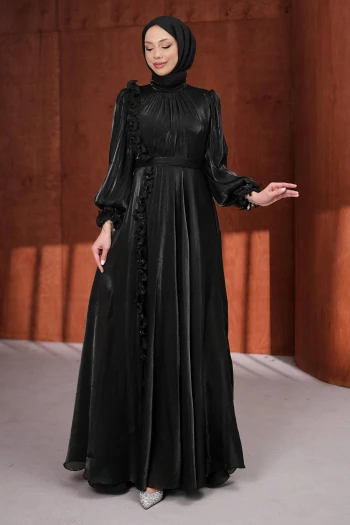 Siyah Bel Kemerli Fırfırlı Janjan Abiye